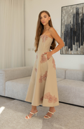 Beige Floral Embroidered Corset Dress