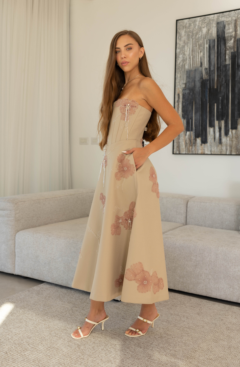 Beige Floral Embroidered Corset Dress